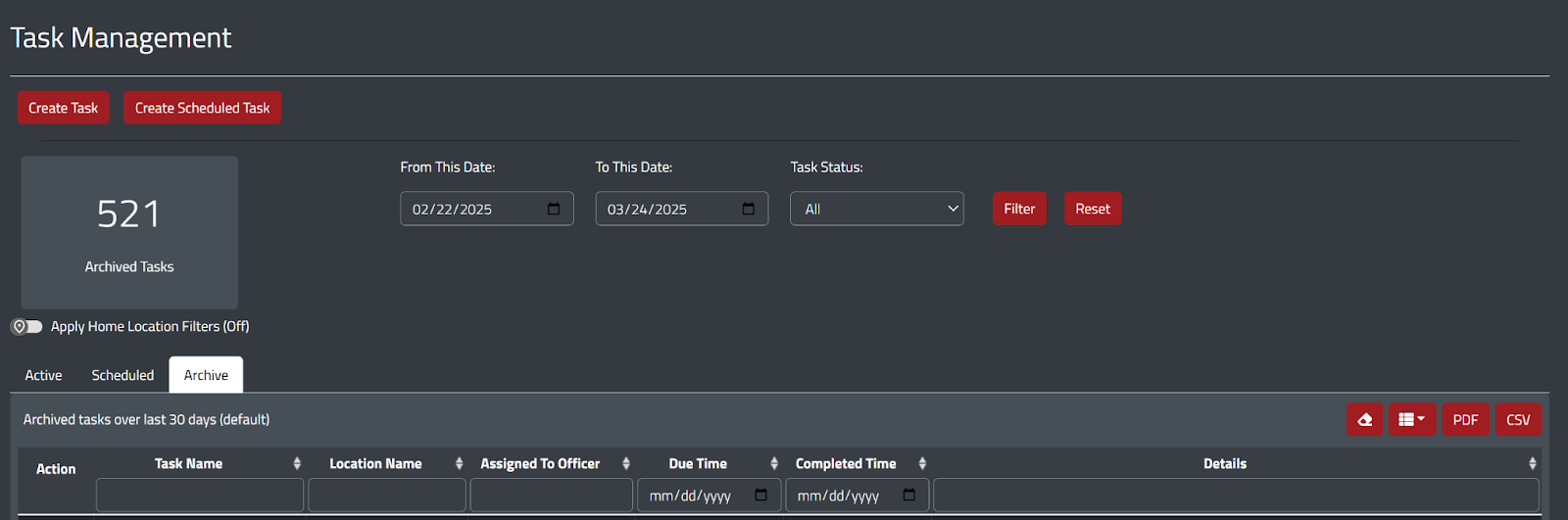 task dashboard mission command archive tab