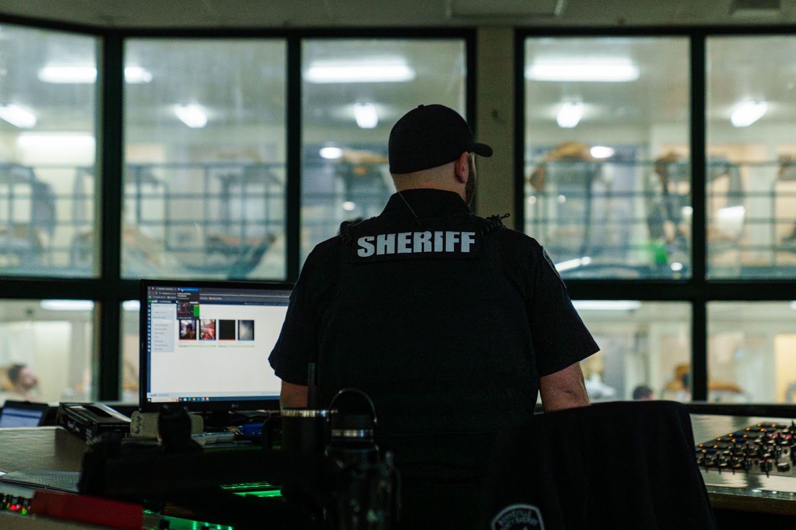 corrections officer looking at desktop computer