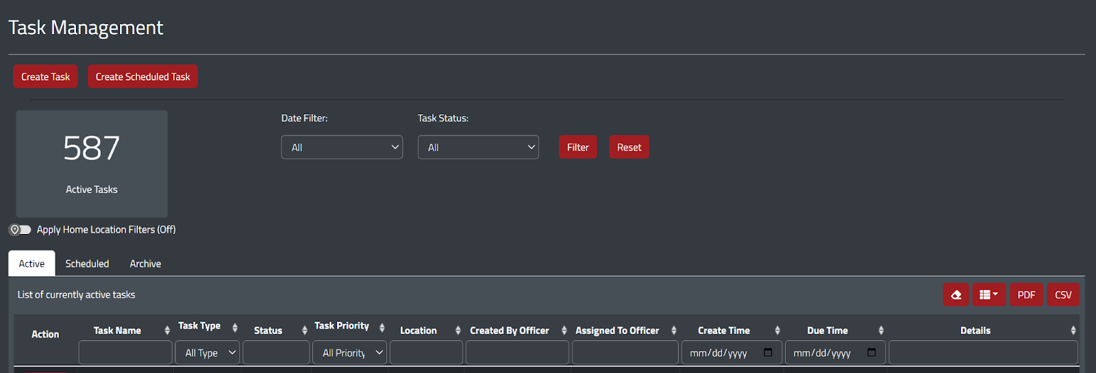 active task tab in mission commands task management dashboard