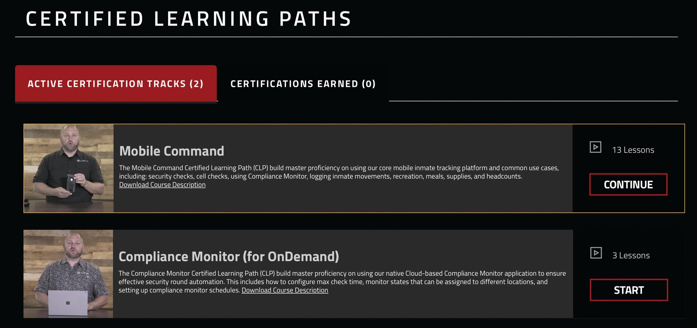 Certified Learning Paths showing active certification tracks and lesson counts