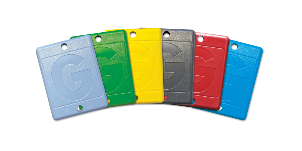 Six RFID Hard Tags in white, green, yellow, gray, red, and blue