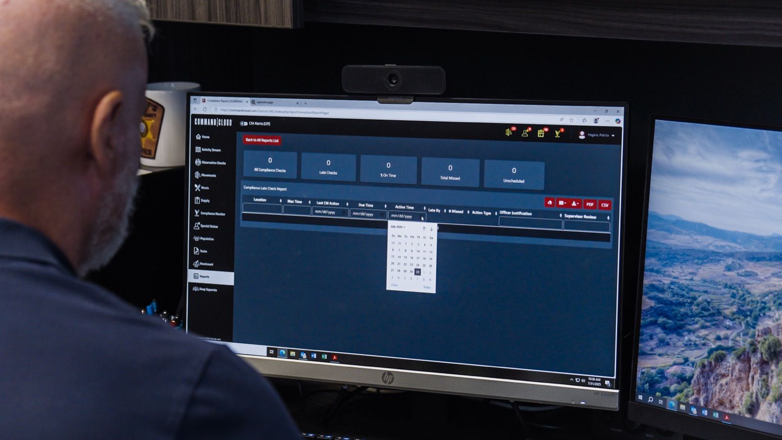 An exported Compliance Late Check report in Mission Command, showing on-time percentage, late checks, and total missed checks