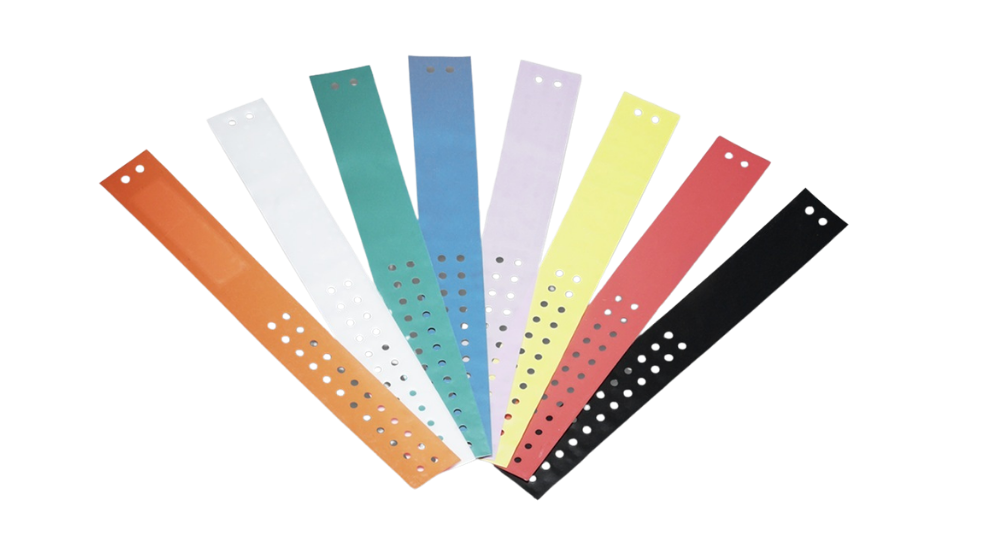 RFID inmate wristbands in eight colours, fanned out